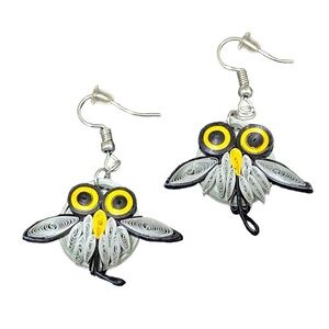 Handmade Quilled Paper Owl Earrings Gray Yellow Eco Friendly Artisan Jewelry